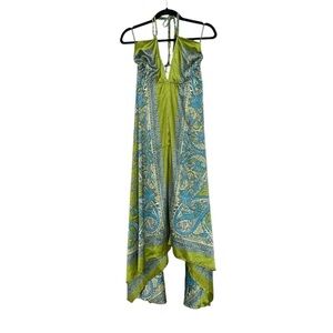 Handmade Paisley Print Sleeveless Halter Handkerchief Midi Dress Green Blue